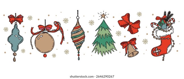 Christmas symbol, toy, ball, tree on white. Hand drawn illustration.	