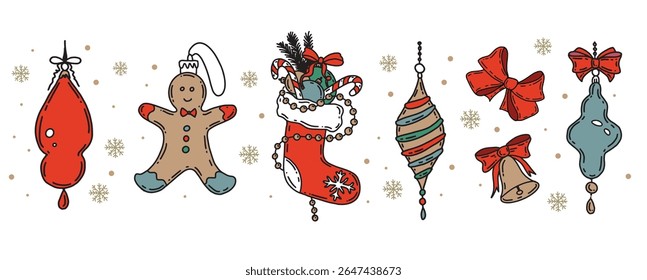 Christmas symbol, toy, ball, tree on white. Hand drawn illustration.	