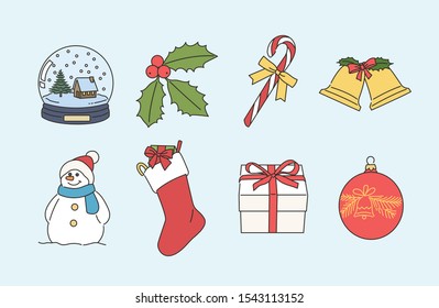 Navidades objetos simbólicos. ilustraciones de diseño de Vector de estilo dibujado a mano. 