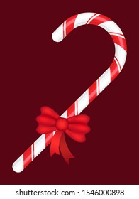 Christmas symbolic sweets vector. Isolated lollipop stick with stripes. Traditional meal on New Year, candy decorated with red ribbon. Xmas celebration, greeting with winter holidays flat style