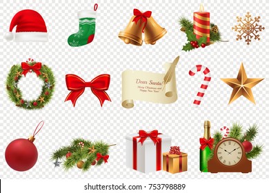 Christmas Symbols big set. Colorful christmas icons isolated on white transparent background. Traditional Xmas attributes. Vector illustration. Eps 10