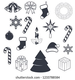 Christmas symbols big set,  isolated on the white background, monochrome style, vector 
