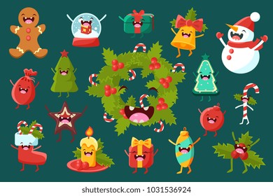 Christmas symbols comic characters sett, Happy New Year holiday decoration elements with funny faces vector Illustrations