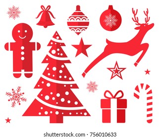 Christmas symbols and decorations drawn in red isolated on white background. Vector illustration with xmas tree with reindeer and present in festive box