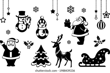 Christmas symbols and decorations set. Santa Claus, reindeer and snowmen with candy cane. Christmas tree, sleigh and balls. Merry Christmas and Happy New Year. Black isolated silhouette. Vector