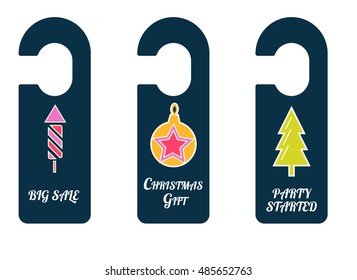 Christmas symbols in door tags. Christmas tree, christmas fireworks, and christmas toy in door tag, Vector illustration for new year and christmas promo.  