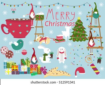 Christmas symbols and elements for design. Cartoon. Dwarf tree, a hamster, rabbits, sweets, and more. Vector illustration