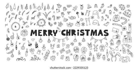 Christmas symbols and elements hand drawn doodle collection. Merry Xmas lettering clipart. Cozy winter and happy new year holidays concept. Vector illustration set in black and white.