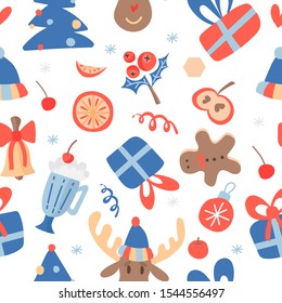 Christmas symbols flat hand drawn seamless pattern. Holiday cartoon texture. Illustrations of items of the new year. Christmas color clipart. Holiday gift wrap, vector fill background.