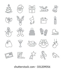 Christmas symbols flat line vector icons set. Winter holiday season conceptual design elements. Kids vacation fun and celebration illustrations for website, mobile or computer app, infographics