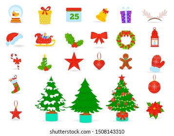 Christmas Symbols Flat Vector Icons Set. Santa Hat, Gift Boxes And Xmas Socks. Christmas Trees With Toys And Gingerbread Isolated Flat Vector Set. Kids Vacation Fun And Celebration Illustrations