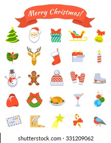 Christmas symbols flat vector icons set. Winter holiday season conceptual design elements. Kids vacation fun and celebration illustrations for website, mobile or computer apps, infographics