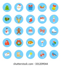 Christmas symbols flat vector round icons set. Winter holiday season conceptual design elements. Kids vacation fun and celebration colorful illustration for website, mobile apps, infographics