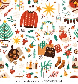 Christmas symbols flat vector seamless pattern. Winter season attributes texture. Traditional xmas accessories decorative backdrop. Fir tree, warm clothes, presents and sweets illustration.