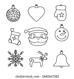 Christmas symbols in the form of Christmas toys in doodle style. Coloring for children.