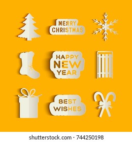 Christmas symbols and greetings icons set in paper style isolated on bright yellow background flat vector illustration