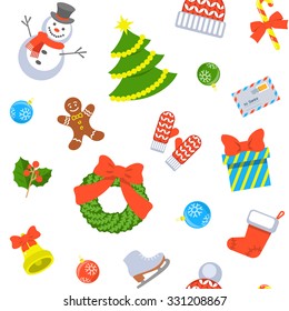 Christmas symbols holiday flat seamless background pattern with scattered icons of family celebration elements. Winter seasonal wrapping paper, wallpaper, fabric, textile, backdrop design