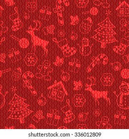 Christmas symbols or icon seamless decorative pattern on textured red background. Vector illustration