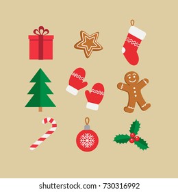 Christmas symbols icon set. Gingerbread man, candy, gift, ball christmas tree, mistletoe,  christmas stockings etc. Vector illustration