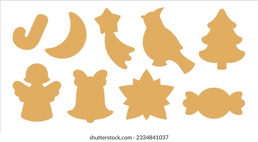 Christmas symbols icon set. Simple silhouettes of Xmas objects - shooting star, spruce tree, poinsettia, candy cane, angel, cardinal bird. Sugar cookie cutter shapes or tag label die cutting template.