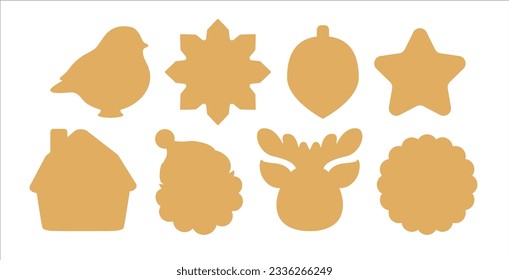 Weihnachtssymbole-Symbol-Set. Einfache Silhouetten von Xmas Objekten - Lebkuchen, Haus, Vogel, Stern, Santa, Hirsch, Rentierkopf. Zuckerkekse-Schneidformen oder Etikettenstempelschablone zum Schneiden von Etiketten.