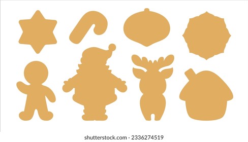 Christmas symbols icon set. Simple patterns of festive gift tag cut shape. Label die cutting silhouette template. Xmas sugar cookie cutter shapes. Gingerbread man, house, Santa Claus, reindeer.