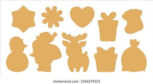 Christmas symbols icon set. Simple patterns festive gift tag cut shape. Label die cutting silhouette template. Xmas sugar cookie cutter shapes. Gingerbread snowman, Santa Claus, reindeer, gift box.