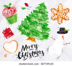 Christmas symbols with lettering and  cupcake, tree, gift, cookie, snowman, garland, snowflake drawing in vintage style on crumpled paper.
