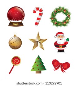 Christmas symbols like Santa Claus, star, tree, candy, snowball over white background