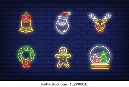 Christmas symbols in neon style collection. Glowing neon gingerbread man, wreath, deer. Holiday, celebration, present. Vector illustration in neon style for greeting card, invitation, announcement