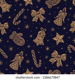 Christmas symbols from ornament element vector seamless pattern. Stylized bell, angel, star, mitten, caramel cane, bow, snowflake  seamless texture. New Year. Textile, wrapping paper, wallpaper design