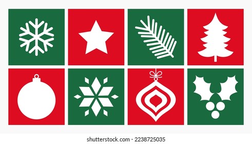 Christmas symbols in red and green squares. Christmas icons design elements. Vector illustration.