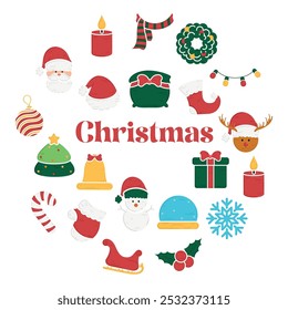 Christmas symbols with Santa, snowman, and holiday gifts, Vector