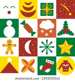 Christmas symbols seamless advent pattern. Merry Christmas. Abstract geometric background with simple shapes. Creative modern art. Bauhaus style Merry Christmas poster, postcard, cover.