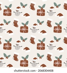 Weihnachtssymbole nahtloses Muster. Geschenkbox, heilig, Schneemann, Hut und Sock im Winter Muster. Gut für Gewebe und Kinder Textilien Design.