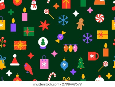 Christmas symbols seamless pattern. Merry Christmas. Christmas abstract geometric background with simple shapes, Santa Claus. Creative modern art. Christmas and New Year geometric composition with holiday symbols, fir trees, gifts, toys
