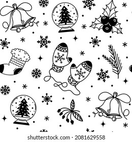Christmas symbols seamless vector pattern. Hand drawn seasonal background. Festive elements - bells, sock, snow globe, mittens, snowflakes. Black and white cartoon sketch. New Year's engraving.