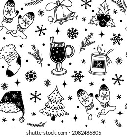 Christmas symbols seamless vector pattern. Hand drawn doodle. New Year's elements - mulled wine, tree, bell, mitten, candle, snowflake. Black and white backdrop for decoration, design.