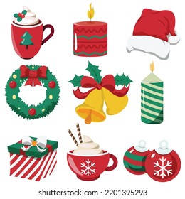 Christmas Symbols set. Colorful Christmas icons isolated on white background. Traditional Xmas attributes. Vector illustration