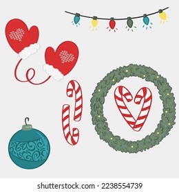 Christmas Symbols set. Colorful christmas icons isolated on white transparent background. Traditional  attributes. Vector illustration.