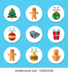 Christmas symbols set isolated on blue background. Design elements for greeting cards and flyers. Flat design. Xmas vector illustration, Christmas collection.