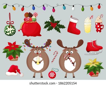 Christmas symbols set. Light bulb garland, Santa deer with candy cane, holly, poinsettia, mistletoe, eggnog, hot chocolate drink. Cute Christmas deer drinking eggnog. Funny cartoon reindeer red nose.