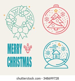 Christmas Symbols set. Snow Ball, Crhistmas tree and Christmas brunch. Set of whin line icons