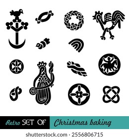 Christmas Symbols Set in vintage style, isolated on white, vector illustration