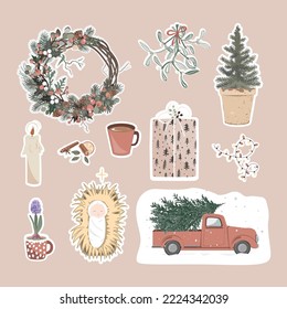 Christmas symbols sticker set. Pick-up truck with Xmas tree, gift box, lights, mistletoe, potted tree, Christmas wreath, hot drink, and newborn Jesus baby. Vector isolated illustrations