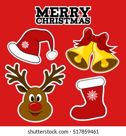 Christmas symbols. Stickers. Card with santa hat, christmas stocking, jingle bells, rudolph reindeer. Christmas gifts