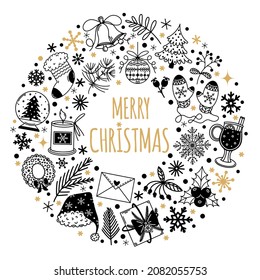 Christmas symbols vector collection. Hand-drawn sketch. Isolated seasonal objects. Festive elements - tree, snow globe, candle, snowflake, wreath. Black and white outline, cartoon doodles.