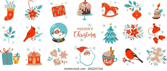 Christmas symbols vector illustration collection: Santa clause, Christmas sock, presents, horse toy, cardinal bird, cake, bullfinch, holly branch, snow globe, hot chocolate, gingerbread cookies