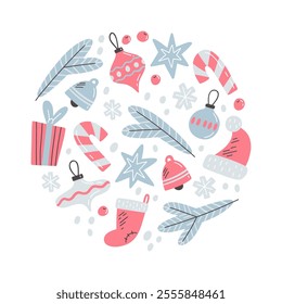 Christmas symbols. Vector illustration in flat style. Candy cane, Christmas tree toys, snowflakes, Santa Claus hat in round composition. Template for greeting card