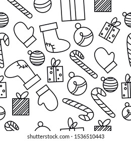 Christmas symbols vector seamless pattern. fabric and textile print. Candy canes, gift boxes and baubles.